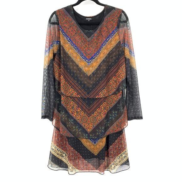 Desigual Ocrida Multilayer V-Neck Long Sleeve Mesh Dress Womens Sz XL Multicolor - Picture 1 of 7